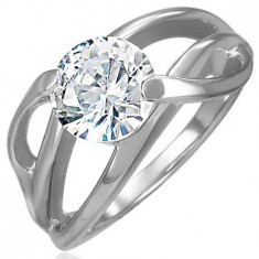 Inel de logodnă cu decoraţiune diagonală şi zirconiu rotund,transparent,oţel de 316L - Marime inel: 50
