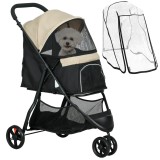 PawHut Cărucior pentru C&acirc;ini cu 3 Roți, Cărucior Pliant cu Husă de Ploaie, Coș și Curea, 80,5x51,5x100 cm, Kaki | Aosom Romania