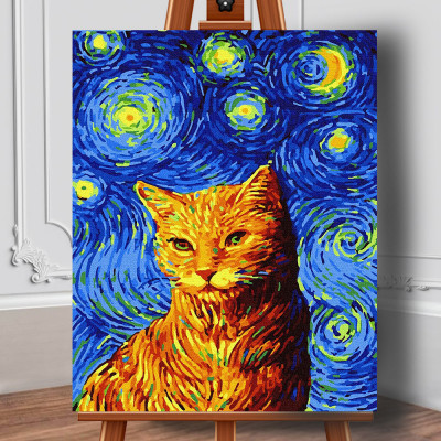 Set pictura pe numere (panza) Noapte instelata - Pisica Van Gogh 50x40 cm foto