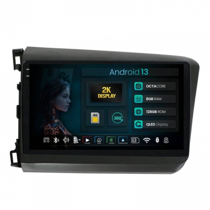 Navigatie 2K Honda Civic (2012-2015) 8GB RAM Android 13 Octacore Slot Sim 4G DSP GPS Wi-FI Carplay Android Auto USB Bluetooth Waze Touchscreen 9.5 Inc