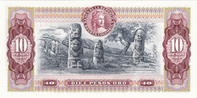 Columbia, 10 Pesos Oro 1976-1980, Sit arheologic cu monoliți foto