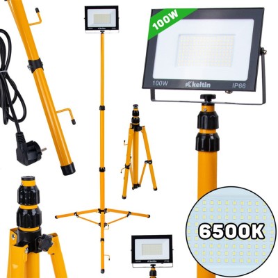 Proiector LED 2 x 100 W cu trepied telescopic pentru constructii, alb rece, 6500 K, Keltin K02062 foto