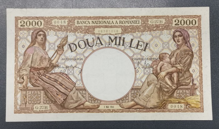 Rom&acirc;nia 2000 Lei Mai 1944 filigran scutAunc
