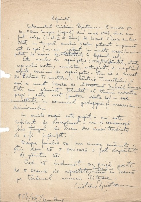 A3270N Document scris și semnat olograf de Cristian Popișteanu, 1954