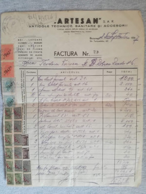 Factura ARTESAN, Str. Turturelelor 62 Bucuresti, art sanitare, timbre suprascris foto
