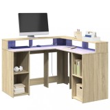 Cumpara ieftin Birou cu lumini LED stejar sonoma 130x130x91 cm, lemn prelucrat
