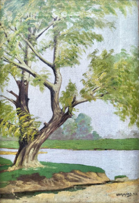 Zsigmond B&amp;eacute;la (?-1945)-Peisaj cu copac (1922) - pictură pe p&amp;acirc;nză foto
