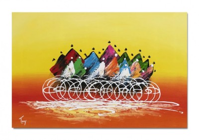 Tablou biciclisti pictat manual, Cursa ciclista, 90x60cm ulei pe panza in relief efect 3D foto