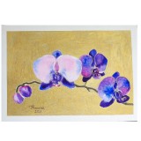 E84. Tablou original, Orhidee pe fond auriu, acuarela, neinramat, 28x38 cm, Flori, Art Deco, RavariuArt