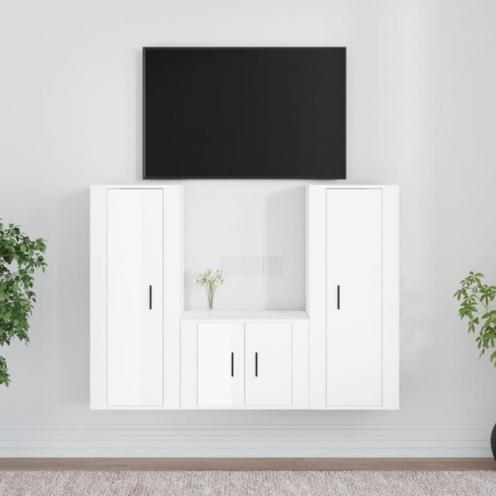 vidaXL Set comodă TV, 3 piese, alb extralucios, lemn prelucrat