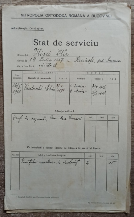 Stat de serviciu Ilie Ilisei, Mitropolia Ortodoxa Romana a Bucovinei 1940