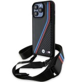 Husa BMW iPhone 15 Pro Max Leather M Edition Carbon Tricolor Lines &amp; Strap, negru, BMHCP15X23PSVTK