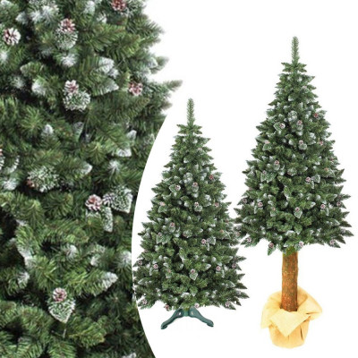 Brad artificial de Craciun, Pine Deluxe 220 cm cu conuri naturale, varfuri albe, tulpina de lemn, suport inclus foto