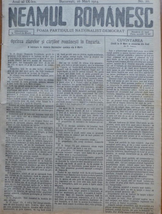 Ziarul Neamul romanesc , nr. 10 , 1914 , din perioada antisemita a lui N. Iorga