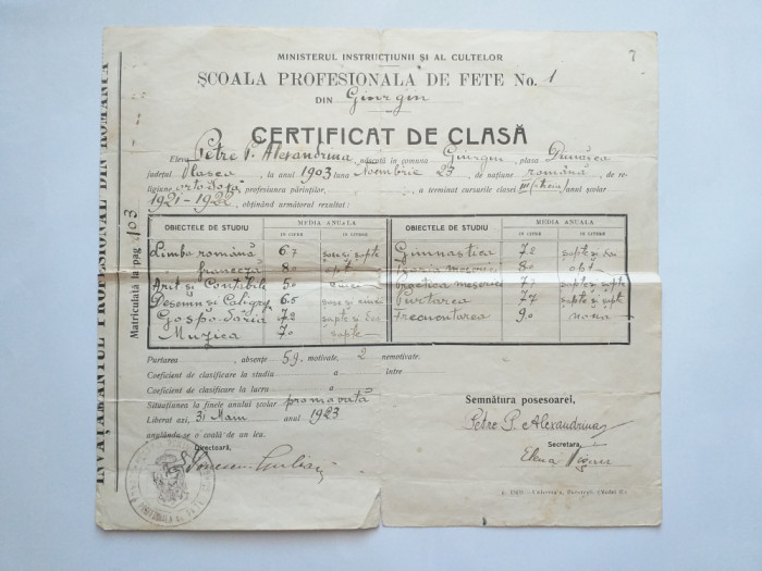 SCOALA DE FETE , NR 1- GIURGIU, Certificat de clasa, 1923