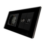 Priza schuko dubla - 1 x priza simpla + 1 x priza TV / internet Luxion LX-1MP010/26/25G-B, incastrat, contact de protectie, rama de sticla inclusa, ne