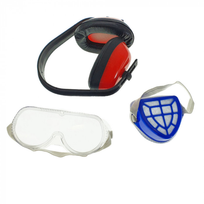 Set protectie fonica, vizuala si respiratorie, COM-11301, casca fonica, ochelari de protectie si masca anti-praf