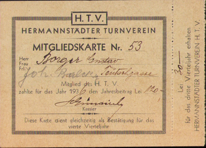 HST A1879 Carte membru Hermannstadter Turnverein 1936 Sibiu