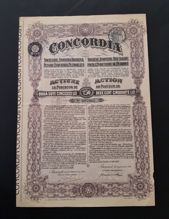 Actiune 1922 petrol soc. CONCORDIA , titlu , actiuni