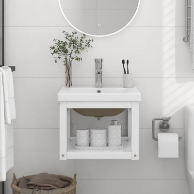 vidaXL Cadru lavoar baie cu chiuvetă &amp;icirc;ncorporată, alb, fier foto