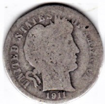 SUA One Dime=10 Cents 1911 S argint 90% aprox 2,5 gr.necuratata cu patina