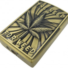 Bricheta tip zippo, 3D relief, metalica, the need for weed, gaz, marihuana, verde, cutie