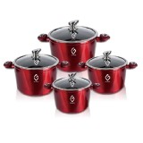Set 8 piese 4 Vase Gatit Aluminiu Marmorat Compatibile Inductie Grunberg GR2716R Rosu