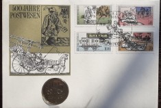 GERMANIA DEMOCRATA - FDC SI MONEDA UNC 5 MARK 1990, 500 ANI SERVICIUL POSTAL