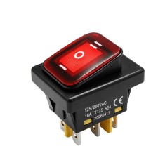 Intrerupator rocker basculant ON-OFF-ON KCD4-0211-23, 6pini, 250VAC, 16A, 30x22mm, LED rosu, cu retinere, IP65