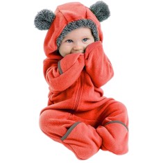 Salopeta pentru copii cu gluga, din fleece, pufoasa, calduroasa, design vesel cu ursulet, ideala pentru fi purtata ca pijama si in exterior in anotimp