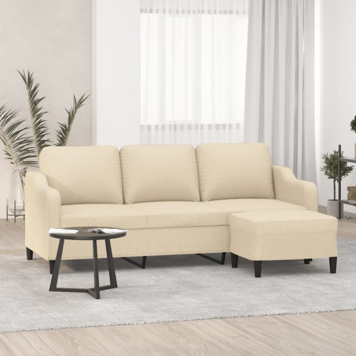 vidaXL Canapea cu 3 locuri cu taburet, crem, 180 cm, material textil
