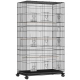 PawHut Colivie Mare pentru Păsări cu Roți 6 Hrănitoare Tavă Detașabilă Uși Multiple 3 B&acirc;rne 77x46,5x141 cm Negru | Aosom Romania