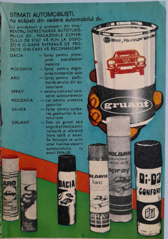1982 Reclamă spray-uri auto si grund ptr DACIA, ARO comunism 24x17 cm autoturism