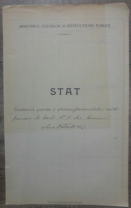 Stat prezenta si achitarea personalului Scolei Primare baieti Bucuresti no 10