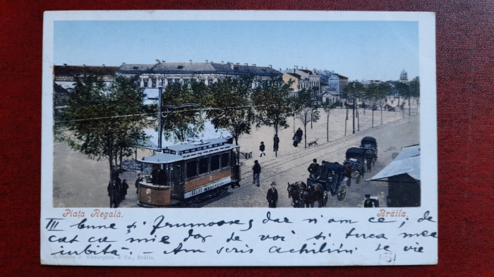 Braila-1902-Piata Regala,tramvai,trasuri,animatie-C.P.circ.-perf.-RARA