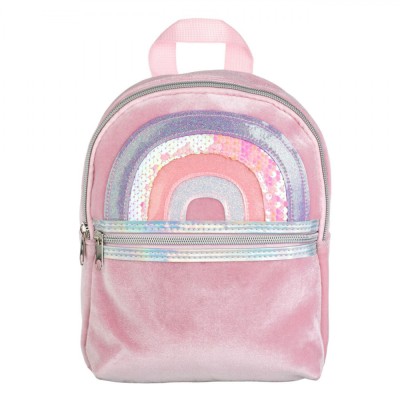 Rucsac pentru Fete, Model Rainbow, Roz, Dimensiuni 20x7x23cm, Poliester, Detalii Catifelate și Glitter Holografic foto