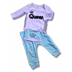 Set body, pantaloni si caciulita queen roz bebelusi bumbac 3-9 luni