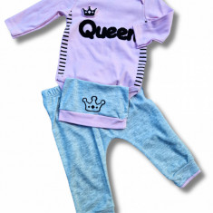 Set body, pantaloni si caciulita queen roz bebelusi bumbac 3-9 luni