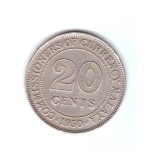 Moneda Malaezia 20 cents/centi 1950, stare buna, curata