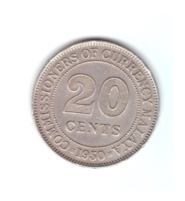 Moneda Malaezia 20 cents/centi 1950, stare buna, curata