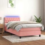 Cumpara ieftin Pat cu arcuri, saltea si LED, roz, 100x200 cm, catifea