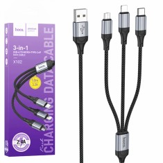 Cablu Date si Incarcare Hoco 3 in 1, USB-A la Lightning / MicroUSB / USB-C, 2.4A, Braided, Anti-Bending, 1m,