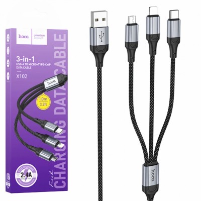 Cablu Date si Incarcare Hoco 3 in 1, USB-A la Lightning / MicroUSB / USB-C, 2.4A, Braided, Anti-Bending, 1m, foto
