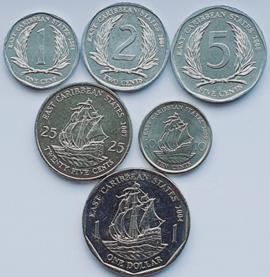 Set 6 Statele E Caraibiene Caraibe 1, 2, 5, 10, 25 cents 1 Dollar 2004 2009 A028 foto