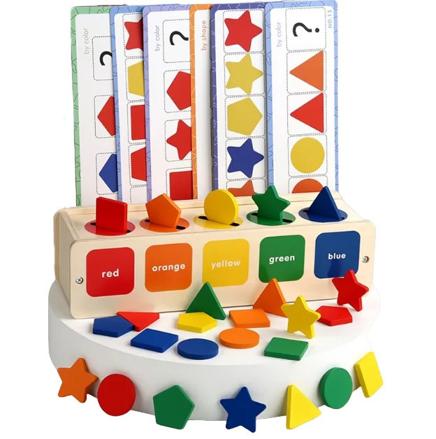 Jucarii Montessori, 35 piese din lemn natural eco, puzzle, 5 coloane de sortare