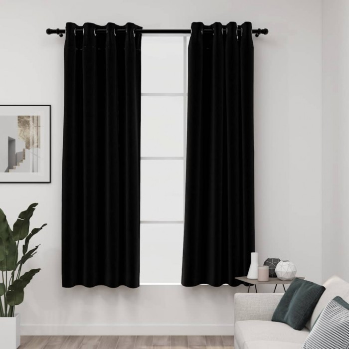 vidaXL Perdele opace, aspect p&acirc;nză, ocheți, 2 buc., negru, 140x175 cm 321152