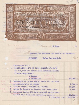 Factura Reprezentant General De Mercier Freres de Paris Bucuresti Victoriei 1922 foto