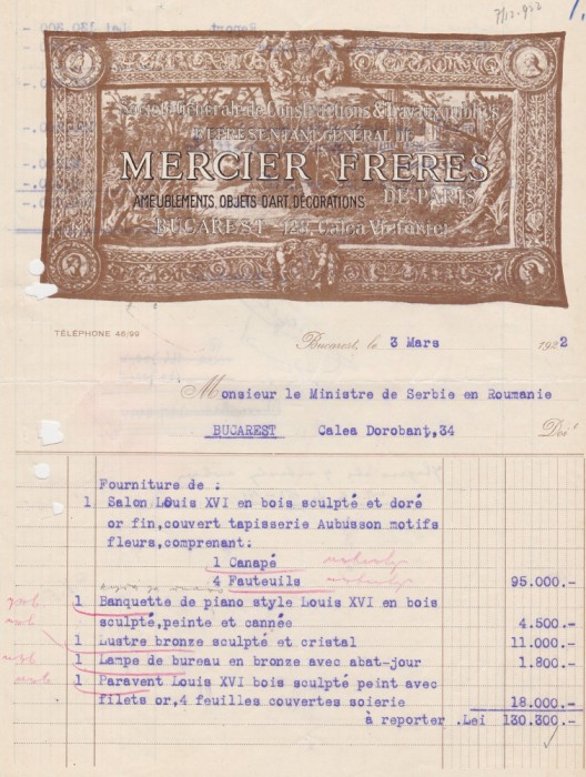 Factura Reprezentant General De Mercier Freres de Paris Bucuresti Victoriei 1922