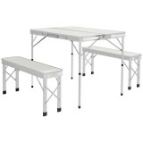 Set mobilier gradina/camping, pliabil, 1 masa, 2 banci, MDF si aluminiu, alb, 90 cm, Frankfurt GartenVIP DiyLine, ART