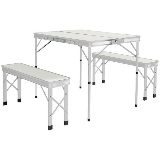 Set mobilier gradina/camping, pliabil, 1 masa, 2 banci, MDF si aluminiu, alb, 90 cm, Frankfurt